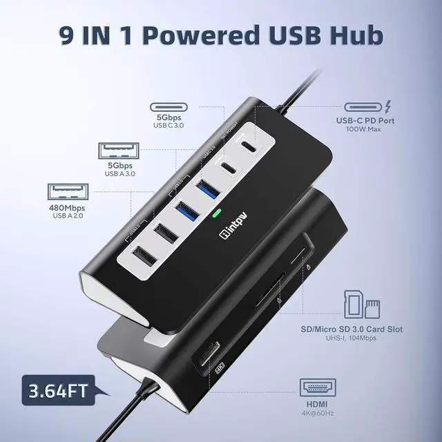 Alt view image 2 of 7 - intpw USB C Hub, P9 USB C Hub Multiport Adapter with 4K@60Hz HDMI, PD 100W, Type-C & 2 USB A 3.0 5Gbps, 2 USB A 2.0, SD/TF Card Reader, Aluminum USB Hub for Laptop, iPhone 17 Series, MacBook, iPad