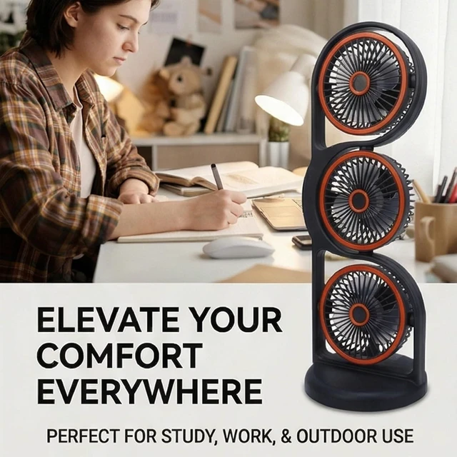 Alt view image 3 of 7 - Bewinner Desk Fan USB Rechargeable Portable, 3 Head Fan with Multiple Speed Settings and Light for Study, Work, Outdoor - Beige, Triple Head Table Battery Operated (Grey)
