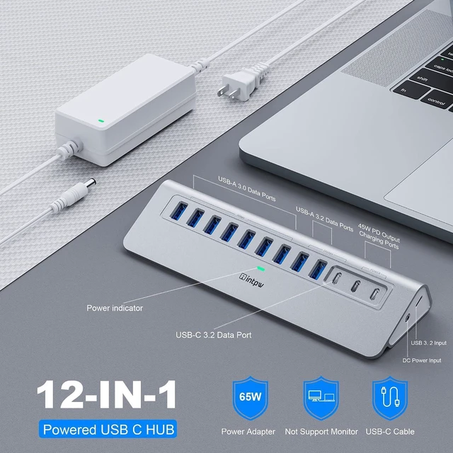 Alt view image 2 of 7 - intpw Powered USB Hub 10Gbps, 12-Port USB 3.2/USB C Hub, 65W Power Adapter