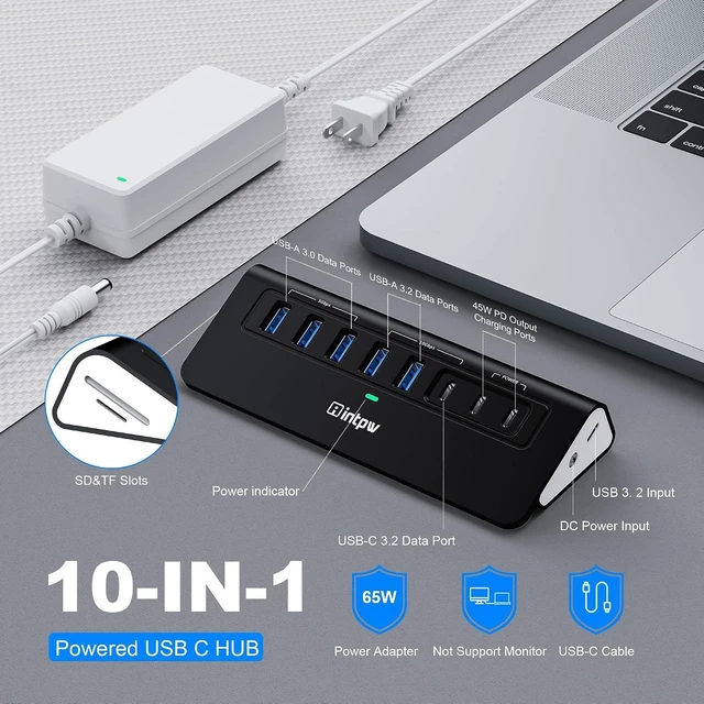 Alt view image 2 of 7 - Powered USB Hub 10Gbps YH6AC Plus 10-Port USB 3.2 Hub(USB A/USB C 3.2+3 USB-A 3.0+2 PD 45W Fast Charging Ports+SD/TF Card Reader) 65W Power Adapter Aluminum USB HUB for PC/Laptop iPhone 17/16