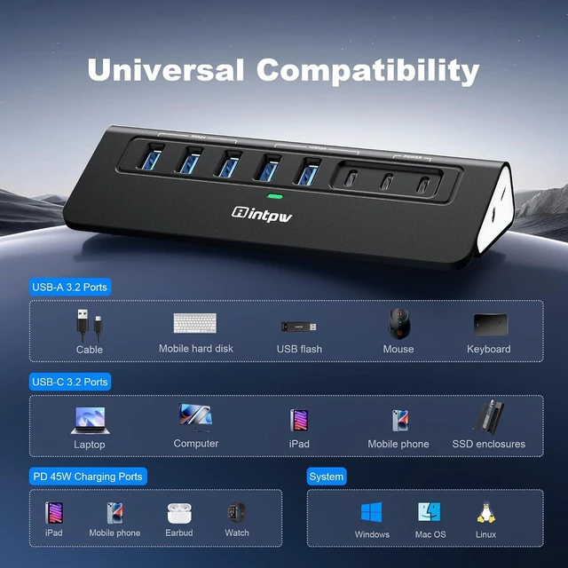 Alt view image 7 of 7 - Powered USB Hub 10Gbps YH6AC Plus 10-Port USB 3.2 Hub(USB A/USB C 3.2+3 USB-A 3.0+2 PD 45W Fast Charging Ports+SD/TF Card Reader) 65W Power Adapter Aluminum USB HUB for PC/Laptop iPhone 17/16