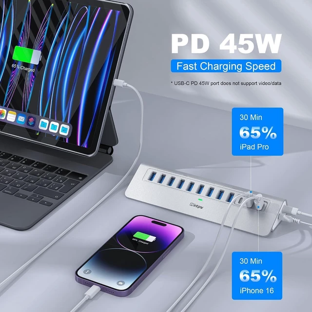 Alt view image 4 of 7 - intpw Powered USB Hub 10Gbps, 12-Port USB 3.2/USB C Hub, 65W Power Adapter