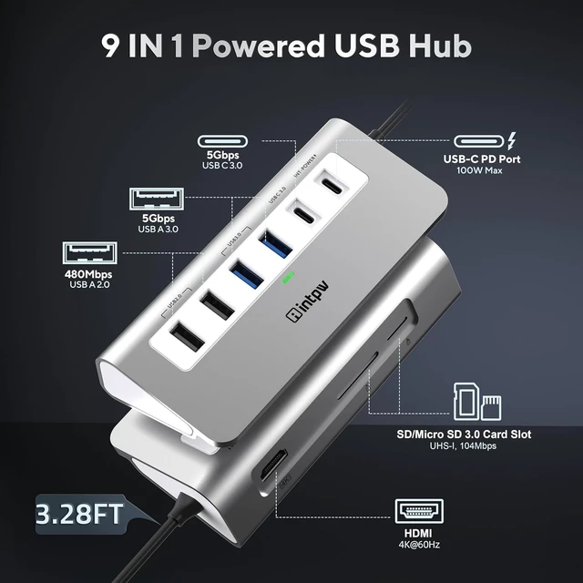 Alt view image 2 of 7 - P9 USB C Docking Station, intpw 9-in-1 USB C Hub with 4K HDMI, PD 100W, 3 Type A/C 3.0 5Gbps, 2 Type-A 2.0, SD/TF, Aluminum USB Hub for Laptop,MacBook, iPad, iPhone 17 Series