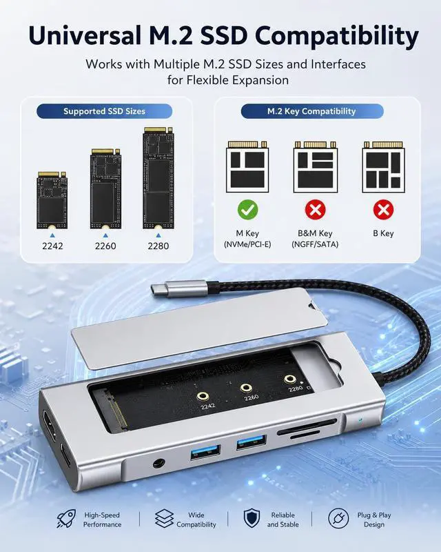 Alt view image 2 of 7 - USB C HUB for Mac mini M4 Pro Adapter M.2 NVMe SSD Enclosure Multiport Docking Station 4K 60Hz HDMI, 100W PD, SD/TF Card Reader, USB A, 3.5mm Audio Jack, for iPad Pro/MacBook Air M5/iPhone/HP/Dell