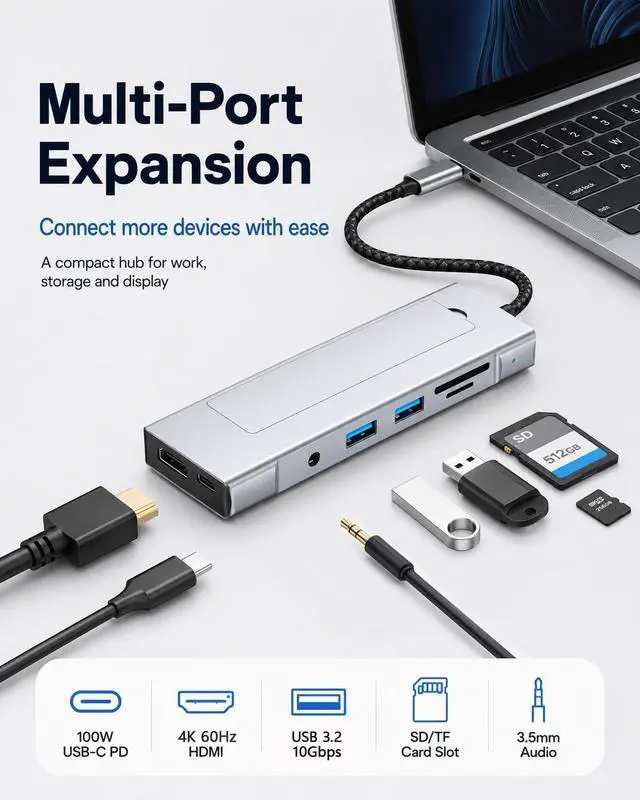 Alt view image 3 of 7 - USB C HUB for Mac mini M4 Pro Adapter M.2 NVMe SSD Enclosure Multiport Docking Station 4K 60Hz HDMI, 100W PD, SD/TF Card Reader, USB A, 3.5mm Audio Jack, for iPad Pro/MacBook Air M5/iPhone/HP/Dell