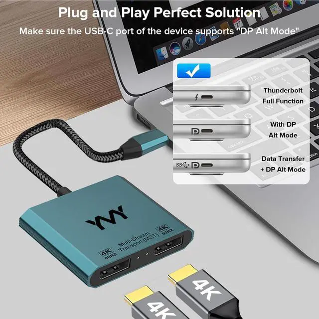 Alt view image 6 of 7 - USB C to Dual DisplayPort Adapter, YMY Dual Monitor Connector 4K 60Hz, Type C to DP Screen Splitter for 2 Monitors Compatible with MacBook Pro/Air, Pad, Surface, Dell, Galaxy, Chromebook
