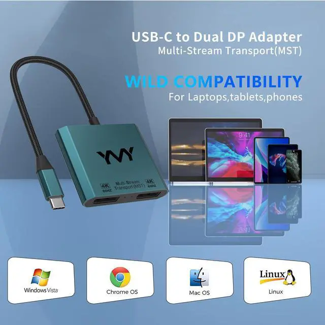 Alt view image 7 of 7 - USB C to Dual DisplayPort Adapter, YMY Dual Monitor Connector 4K 60Hz, Type C to DP Screen Splitter for 2 Monitors Compatible with MacBook Pro/Air, Pad, Surface, Dell, Galaxy, Chromebook