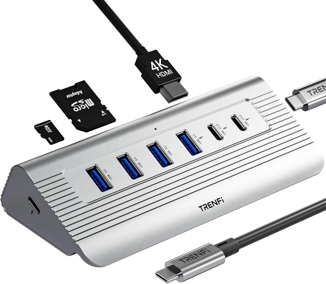 Main image of TRENFI 10-in-1 USB-C Hub with HDMI and Dual Card Readers (Silver)