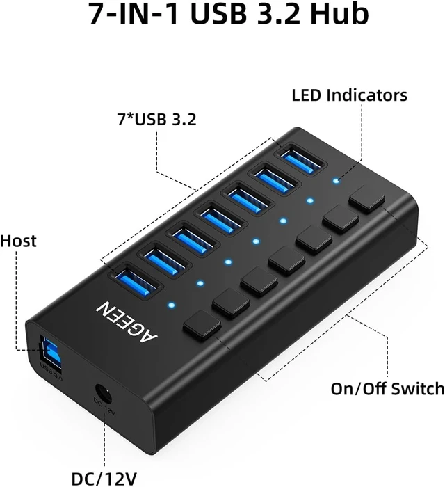 Alt view image 2 of 7 - AGEEN 7-Port USB 3.2 Gen 2 Hub, 10Gbps High-Speed Aluminum Powered Hub with 24W Adapter, Individual Switches & Surge Protection for PC/Laptop, Flash Drive, Printer, Camera