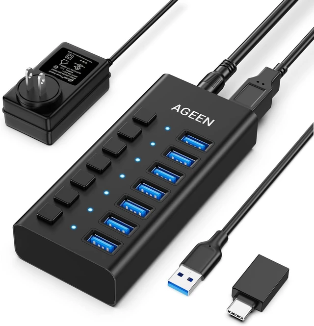 Main image of AGEEN 7-Port USB 3.2 Gen 2 Hub, 10Gbps High-Speed Aluminum Powered Hub with 24W Adapter, Individual Switches & Surge Protection for PC/Laptop, Flash Drive, Printer, Camera