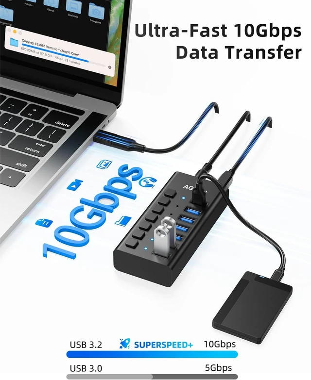 Alt view image 3 of 7 - AGEEN 7-Port USB 3.2 Gen 2 Hub, 10Gbps High-Speed Aluminum Powered Hub with 24W Adapter, Individual Switches & Surge Protection for PC/Laptop, Flash Drive, Printer, Camera