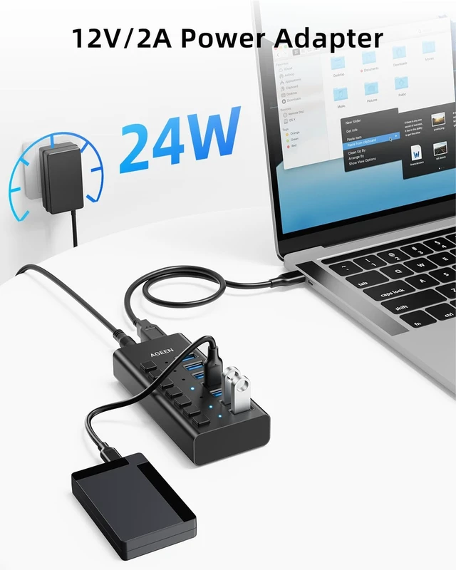 Alt view image 4 of 7 - AGEEN 7-Port USB 3.2 Gen 2 Hub, 10Gbps High-Speed Aluminum Powered Hub with 24W Adapter, Individual Switches & Surge Protection for PC/Laptop, Flash Drive, Printer, Camera