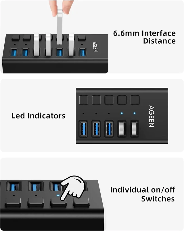 Alt view image 5 of 7 - AGEEN 7-Port USB 3.2 Gen 2 Hub, 10Gbps High-Speed Aluminum Powered Hub with 24W Adapter, Individual Switches & Surge Protection for PC/Laptop, Flash Drive, Printer, Camera