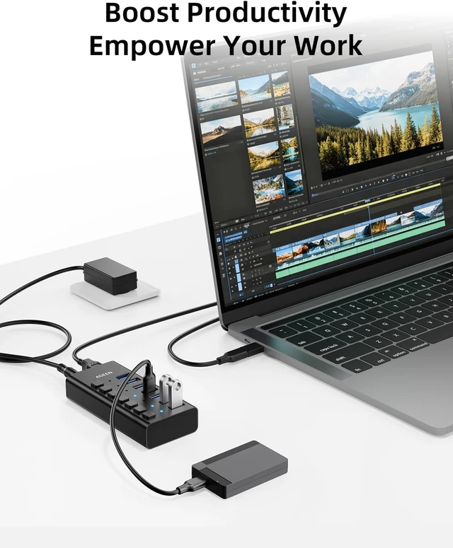 Alt view image 7 of 7 - AGEEN 7-Port USB 3.2 Gen 2 Hub, 10Gbps High-Speed Aluminum Powered Hub with 24W Adapter, Individual Switches & Surge Protection for PC/Laptop, Flash Drive, Printer, Camera