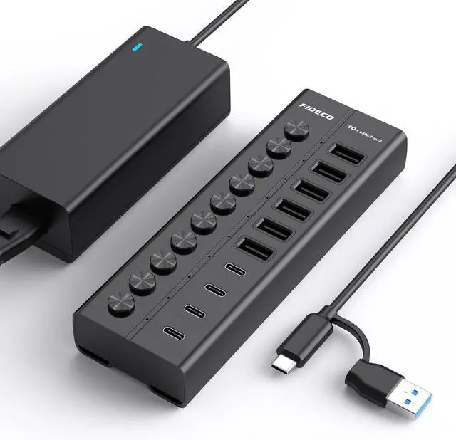 Main image of FIDECO 60W Powered USB Hub for Laptop and PC, 10-Port 10Gbps USB Splitter with 12V 5A Power Adapter, Aluminum USB 3.2 Gen 2 Multiport Adapter, 6 USB-A and 4 USB-C Ports, Support BC1.2 Charging (Black)