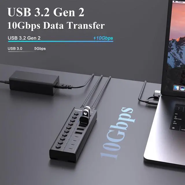 Alt view image 2 of 7 - FIDECO 60W Powered USB Hub for Laptop and PC, 10-Port 10Gbps USB Splitter with 12V 5A Power Adapter, Aluminum USB 3.2 Gen 2 Multiport Adapter, 6 USB-A and 4 USB-C Ports, Support BC1.2 Charging (Black)