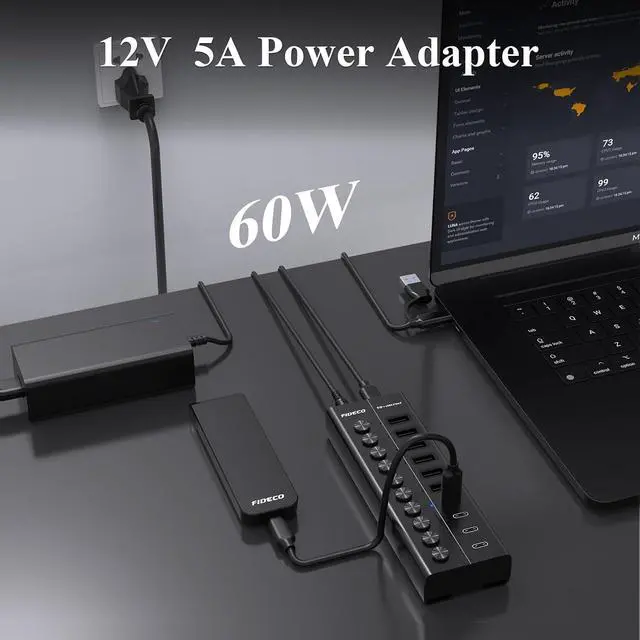Alt view image 4 of 7 - FIDECO 60W Powered USB Hub for Laptop and PC, 10-Port 10Gbps USB Splitter with 12V 5A Power Adapter, Aluminum USB 3.2 Gen 2 Multiport Adapter, 6 USB-A and 4 USB-C Ports, Support BC1.2 Charging (Black)