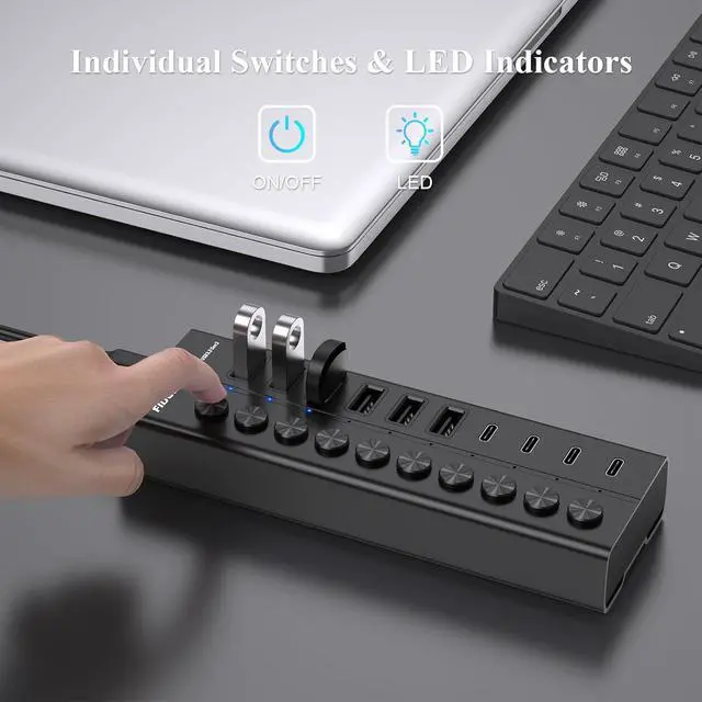 Alt view image 5 of 7 - FIDECO 60W Powered USB Hub for Laptop and PC, 10-Port 10Gbps USB Splitter with 12V 5A Power Adapter, Aluminum USB 3.2 Gen 2 Multiport Adapter, 6 USB-A and 4 USB-C Ports, Support BC1.2 Charging (Black)