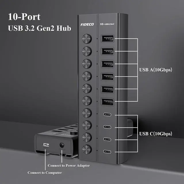 Alt view image 6 of 7 - FIDECO 60W Powered USB Hub for Laptop and PC, 10-Port 10Gbps USB Splitter with 12V 5A Power Adapter, Aluminum USB 3.2 Gen 2 Multiport Adapter, 6 USB-A and 4 USB-C Ports, Support BC1.2 Charging (Black)