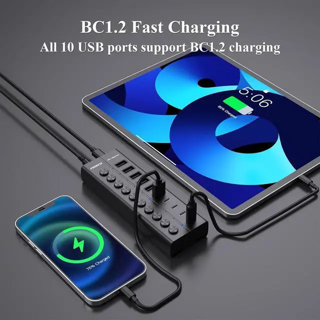 Alt view image 7 of 7 - FIDECO 60W Powered USB Hub for Laptop and PC, 10-Port 10Gbps USB Splitter with 12V 5A Power Adapter, Aluminum USB 3.2 Gen 2 Multiport Adapter, 6 USB-A and 4 USB-C Ports, Support BC1.2 Charging (Black)