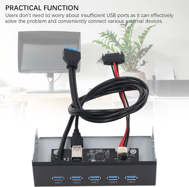 Alt view image 2 of 7 - 5.25 Inch Front Panel Hub, 5 Ports USB 3.2 GEN1 Optical Drive Front Panel USB Hub 19PIN, USB3.2 GEN1 X 5 Internal USB Hub for 8, 10, 2003, for OS X, for Linux Systems