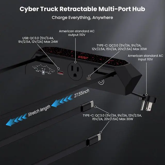 Alt view image 4 of 7 - Cybertruck Multi-Ports USB Hub for Cyber Truck 2023+ Center Console Hidden Fast Charger with Retractable Cable Dual USB-C Ports Docking Station Accessories (for Cybertruck 2.0)