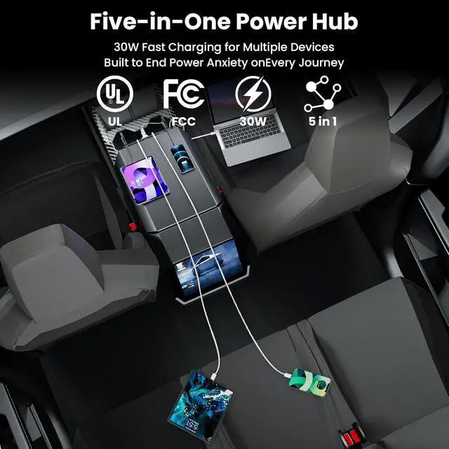 Alt view image 6 of 7 - Cybertruck Multi-Ports USB Hub for Cyber Truck 2023+ Center Console Hidden Fast Charger with Retractable Cable Dual USB-C Ports Docking Station Accessories (for Cybertruck 2.0)