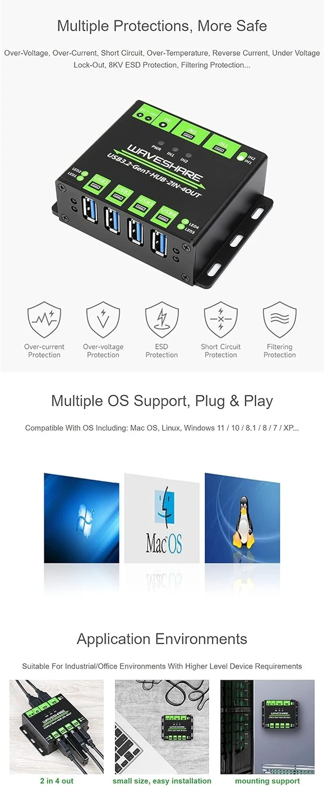 Alt view image 6 of 7 - Industrial Grade USB 3.2 HUB, Switchable Dual Hosts, Multi Protections, Extending 4X USB Ports, 2 in 4 Out, Multi OS