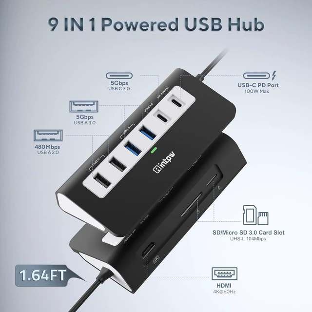 Alt view image 2 of 7 - intpw USB C Hub, P9 USB C Hub Multiport Adapter with 4K@60Hz HDMI, PD 100W, Type-C & 2 USB A 3.0 5Gbps, 2 USB A 2.0, SD/TF Card Reader, Aluminum USB Hub for Laptop, iPhone 17 Series, MacBook, iPad