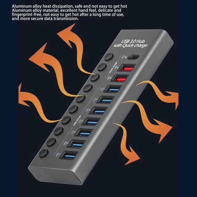 Alt view image 2 of 7 - 7 Ports Powered USB 3.0 Hub, Data Transfer Ports, Fast Charging Ports with Power Adapter for 2003 XP 7 8 10, OS X, Linux 9 and Above (US Plug 100240v)