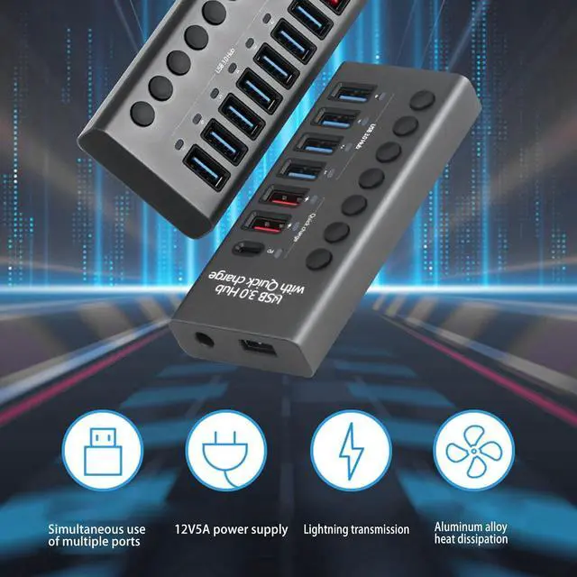 Alt view image 5 of 7 - 7 Ports Powered USB 3.0 Hub, Data Transfer Ports, Fast Charging Ports with Power Adapter for 2003 XP 7 8 10, OS X, Linux 9 and Above (US Plug 100240v)