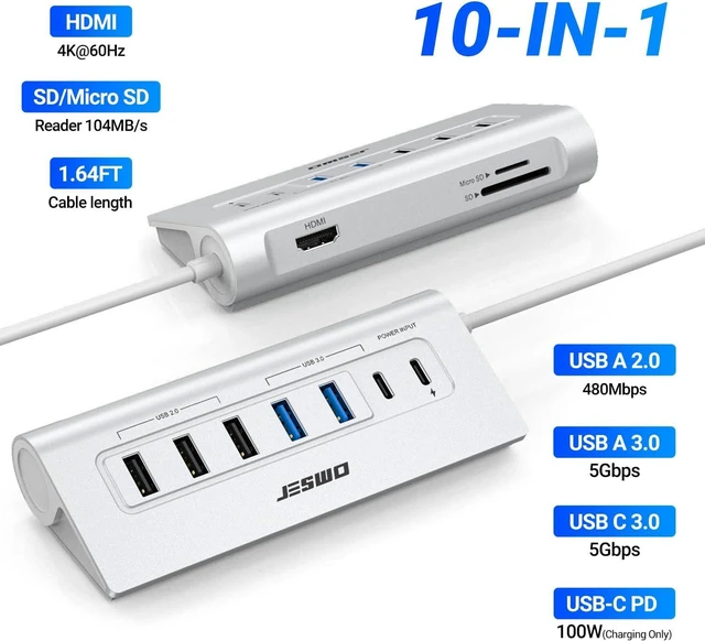 Alt view image 2 of 7 - USB C Hub, JESWO 10-in-1 USB C Hub Multiport Adapter with 4K HDMI, PD 100W, Type-C and 2 USB A 3.0 5Gbps, 3 USB A 2.0, SD/TF Card Reader, Aluminum USB Hub for PC, MacBook Air/Pro iPad Laptop (Sliver)