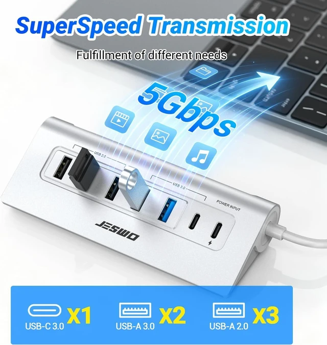 Alt view image 5 of 7 - USB C Hub, JESWO 10-in-1 USB C Hub Multiport Adapter with 4K HDMI, PD 100W, Type-C and 2 USB A 3.0 5Gbps, 3 USB A 2.0, SD/TF Card Reader, Aluminum USB Hub for PC, MacBook Air/Pro iPad Laptop (Sliver)