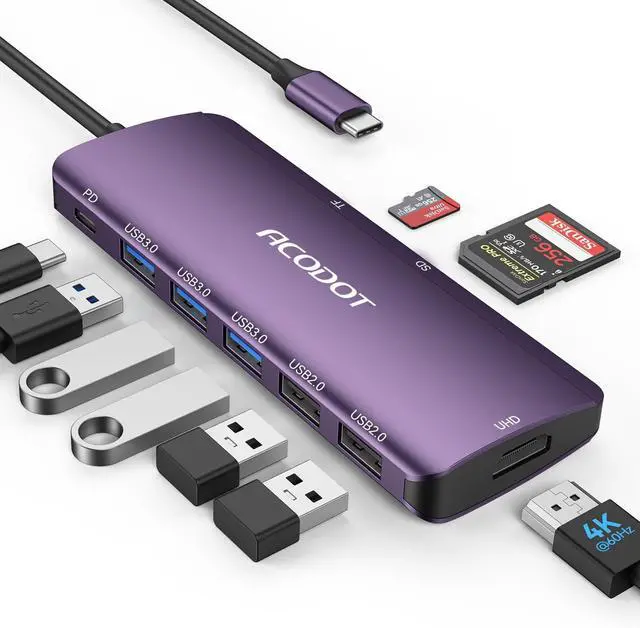 Main image of USB C Hub, 9-in-1 Multi-Port USB Adapter, 4K@60Hz HDMI, 100W Max PD, 3 USB3.0(5Gbps) + 2 USB2.0 Data Ports, SD/TF Card Reader for MacBook, iPad Pro, Dell, HP, Lenovo, Windows Laptop, Purple