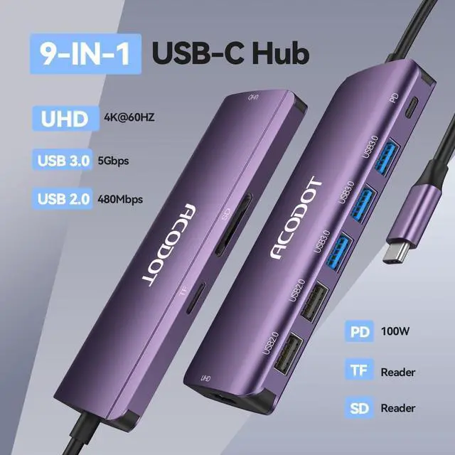 Alt view image 2 of 7 - USB C Hub, 9-in-1 Multi-Port USB Adapter, 4K@60Hz HDMI, 100W Max PD, 3 USB3.0(5Gbps) + 2 USB2.0 Data Ports, SD/TF Card Reader for MacBook, iPad Pro, Dell, HP, Lenovo, Windows Laptop, Purple