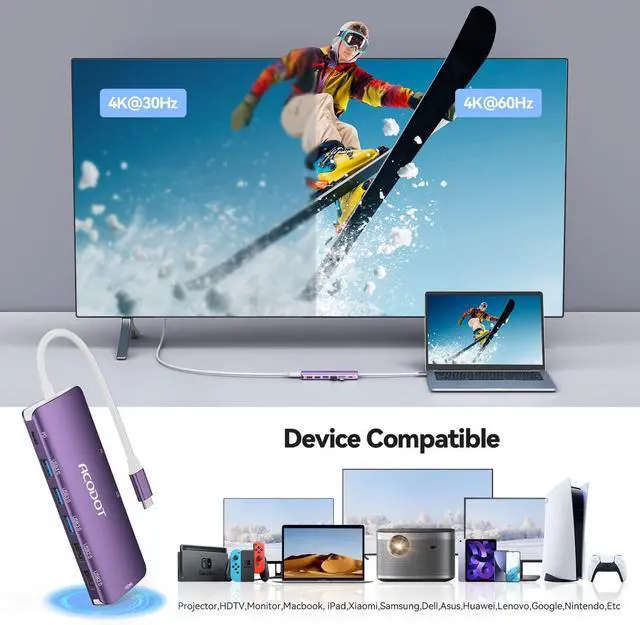 Alt view image 3 of 7 - USB C Hub, 9-in-1 Multi-Port USB Adapter, 4K@60Hz HDMI, 100W Max PD, 3 USB3.0(5Gbps) + 2 USB2.0 Data Ports, SD/TF Card Reader for MacBook, iPad Pro, Dell, HP, Lenovo, Windows Laptop, Purple