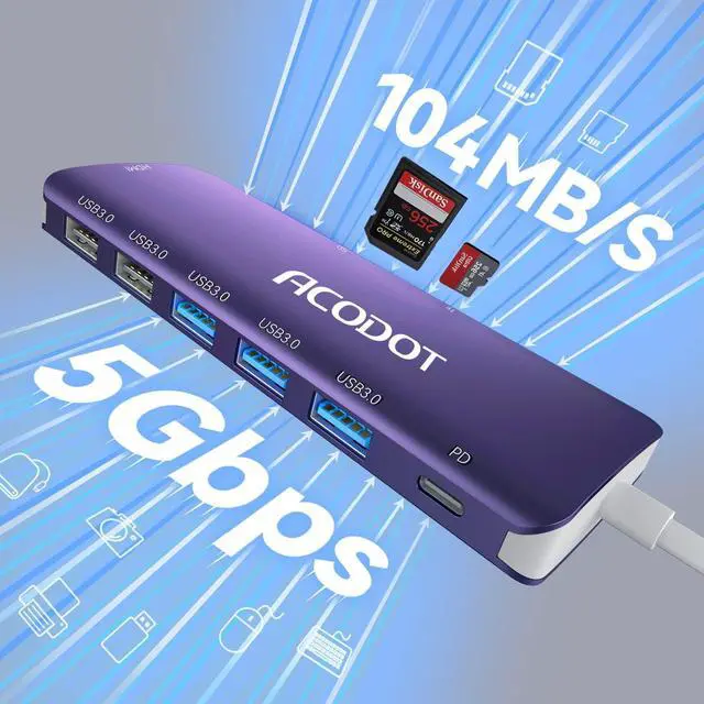Alt view image 4 of 7 - USB C Hub, 9-in-1 Multi-Port USB Adapter, 4K@60Hz HDMI, 100W Max PD, 3 USB3.0(5Gbps) + 2 USB2.0 Data Ports, SD/TF Card Reader for MacBook, iPad Pro, Dell, HP, Lenovo, Windows Laptop, Purple