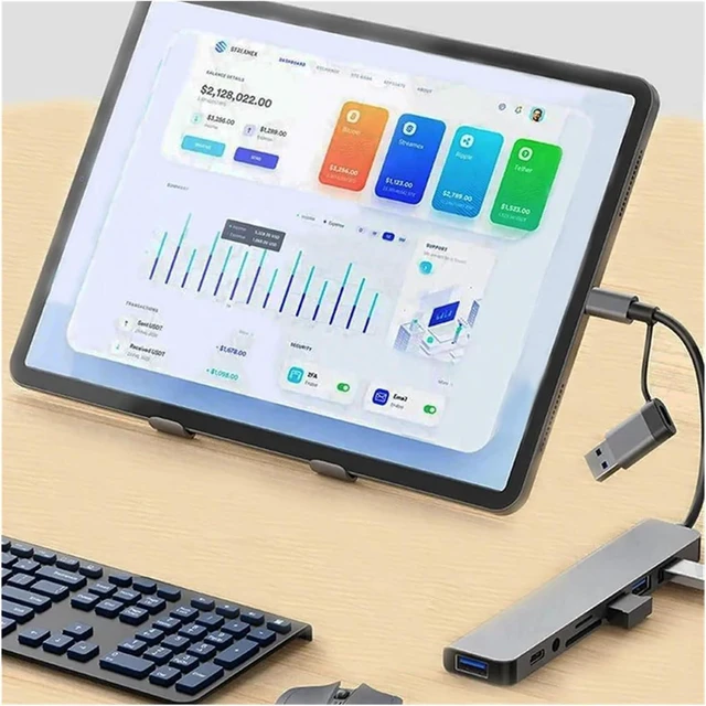 Alt view image 5 of 6 - 8-in-2 Port USB C Expander USB 3.0 Hub Type C Splitter Type C Dock Multiport 7 Port Adapter USB Expander