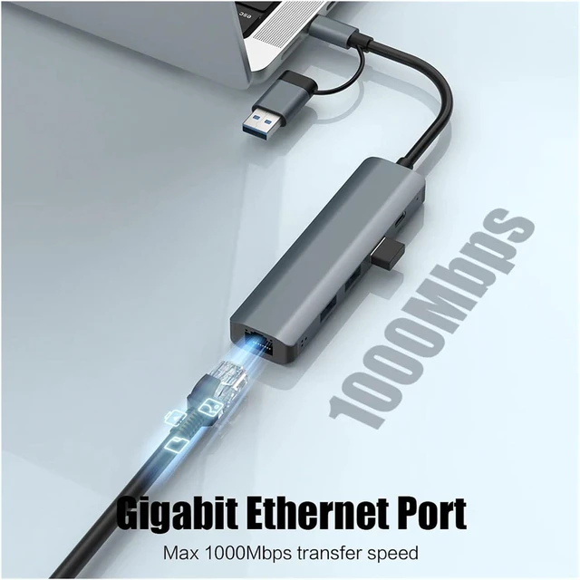 Alt view image 4 of 7 - USB C HUB USB-C USB-A Multiport Adapter Type C USB 3.0 Data Transfer Gigabit Ethernet RJ45 Docking Station