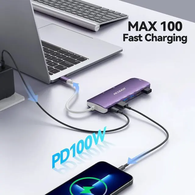 Alt view image 6 of 7 - USB C Hub, 9-in-1 Multi-Port USB Adapter, 4K@60Hz HDMI, 100W Max PD, 3 USB3.0(5Gbps) + 2 USB2.0 Data Ports, SD/TF Card Reader for MacBook, iPad Pro, Dell, HP, Lenovo, Windows Laptop, Purple