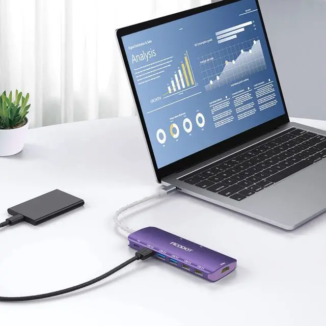 Alt view image 7 of 7 - USB C Hub, 9-in-1 Multi-Port USB Adapter, 4K@60Hz HDMI, 100W Max PD, 3 USB3.0(5Gbps) + 2 USB2.0 Data Ports, SD/TF Card Reader for MacBook, iPad Pro, Dell, HP, Lenovo, Windows Laptop, Purple