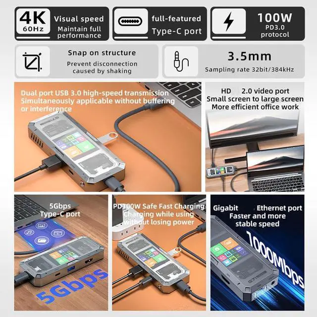 Alt view image 4 of 7 - USB C Multiport Dock PD100W Charging HDTV Output RJ45 Ethernet USB3.0 3.5mm for Laptop USB C Docking Station Docking Station Gigabit Ethernet Dock Multiport Adapter Adapter