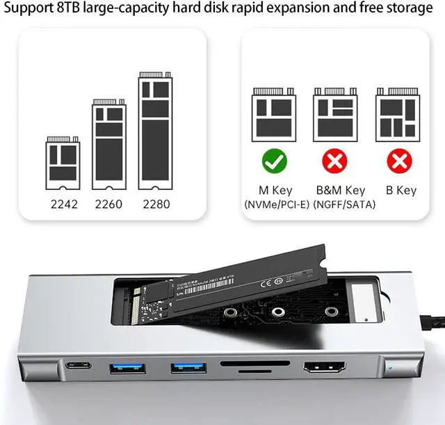 Alt view image 5 of 7 - 9 in 1 USB C Hubs with NVMes Enclosure PD100W Charging HDTV 4K 60Hz Ethernet Card Reader for Laptop USB C Adapters with HDTV