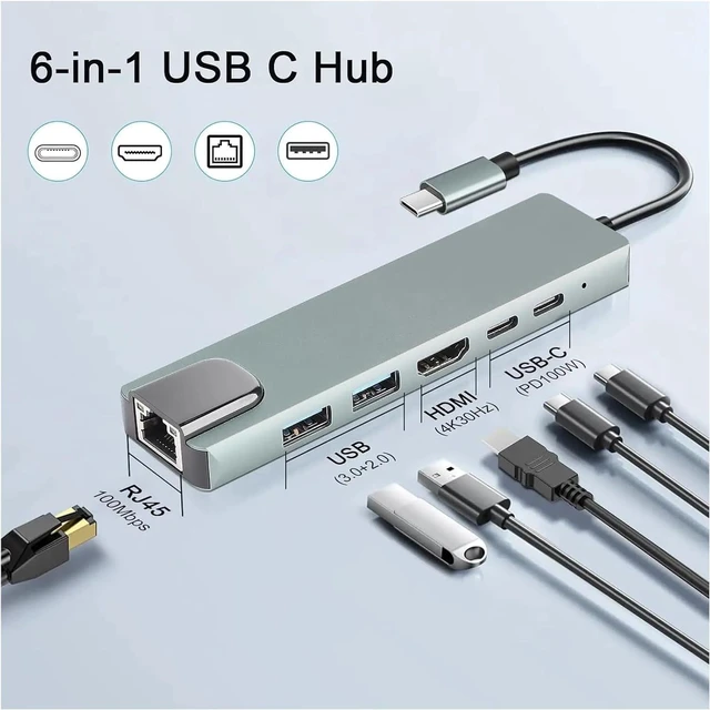 Alt view image 2 of 4 - USB C Hub Multiport Adapter,6 in 1 USBC with 4K HDMI,RJ45,USB 3.0/2.0,USB-C Docking Station