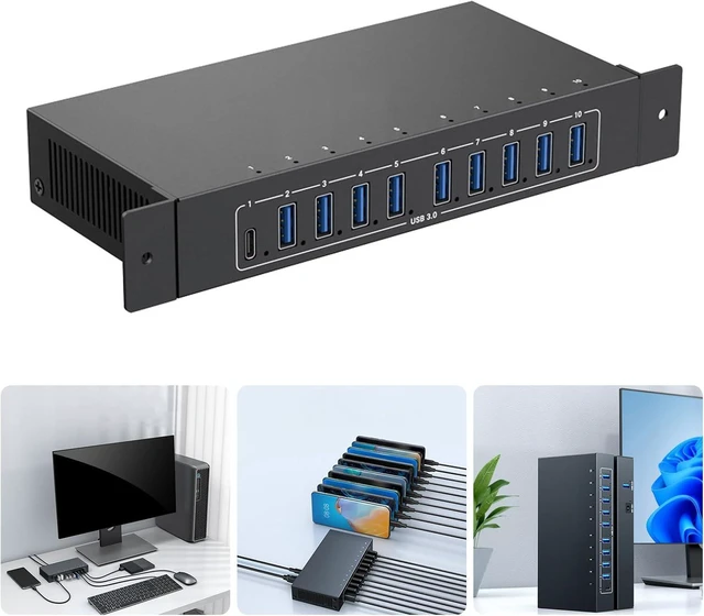 Alt view image 2 of 7 - 10 Slot USB3 Center, 5Gbps Transmission 105W Metal Housing, Charging Data for Multiple Devices, Adjust Computer Modification