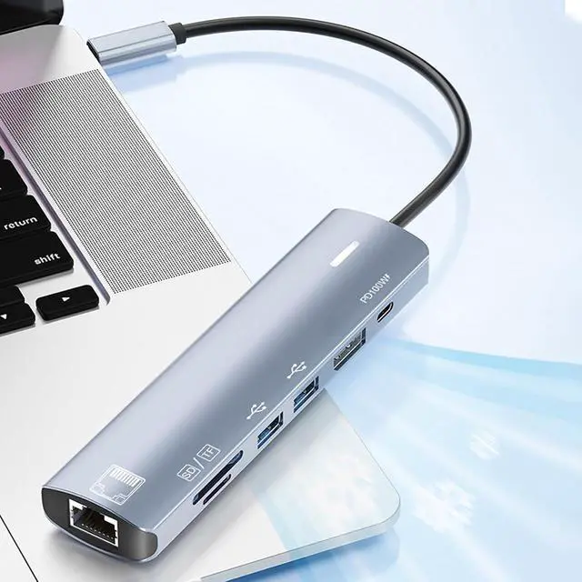 Alt view image 6 of 7 - Functional USB Type C 7 In1 Extension Dock for UHD Screen Quick Power Net Internet and External Storage Access Multiuse USB C Dock