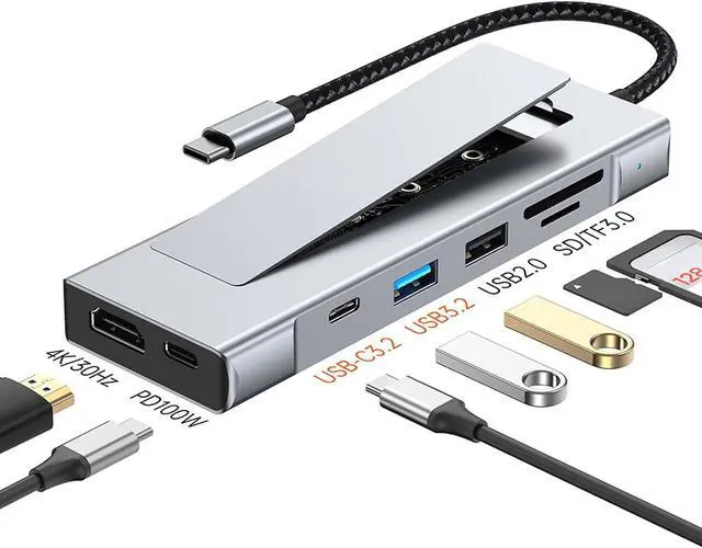 Alt view image 5 of 7 - Portable 8 In1 USB C Hubs and Enclosure Supporting NVMe SATAs HDDs 10Gbps 3.2 Data Transfer Includes HDTV Ethernet Card Compatibility Travel Hubs