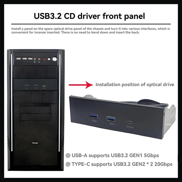 Alt view image 2 of 7 - 2X USB Front Panel for PC 2Port USB 3.2 GEN1 5Gbps+ 1Port Type-C 10Gbps/20Gbps Hub for Desktop 5.25inch Floppy Drive Bay
