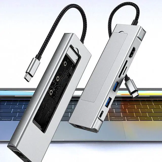 Alt view image 6 of 7 - 9 in 1 USB C Hubs with NVMes Enclosure PD100W Charging HDTV 4K 60Hz Ethernet Card Reader for Laptop USB C Adapters with HDTV