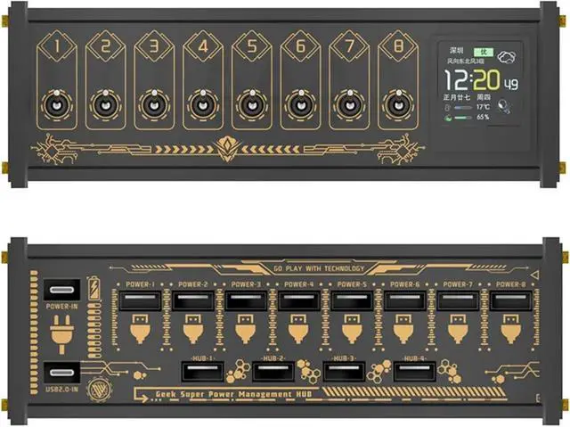 Main image of 8 Port USB Docking Station, 36w Modular USB Hub Power Strip With1.54-inch Color Screen and Individual Switches, 10 Levels Brightness Adjustment Voice Control Function, for Black